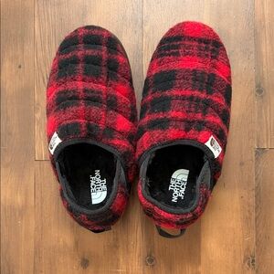 The North Face Red and Black Checkered Slippers